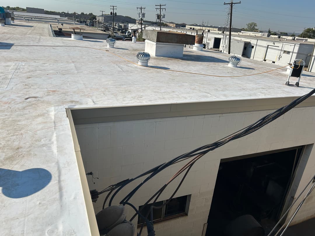 Flat commercial roof with ventilation vents and power lines, industrial area in the background.