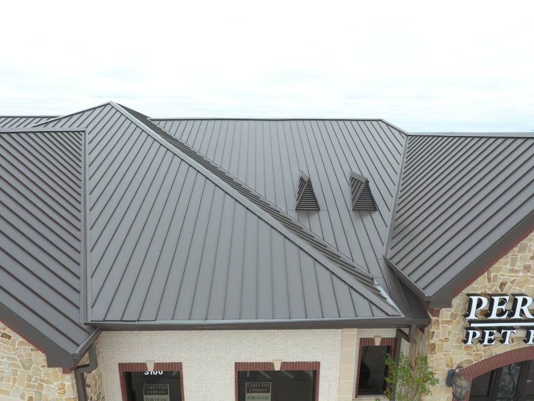 Metal roof installation on a pet store, showcasing clean lines and modern design.
