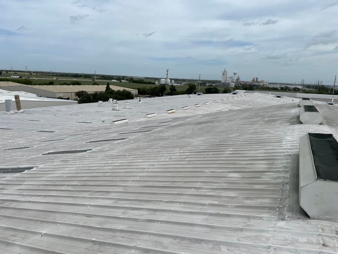 Industrial flat roof with white coating and overcast sky in the background.