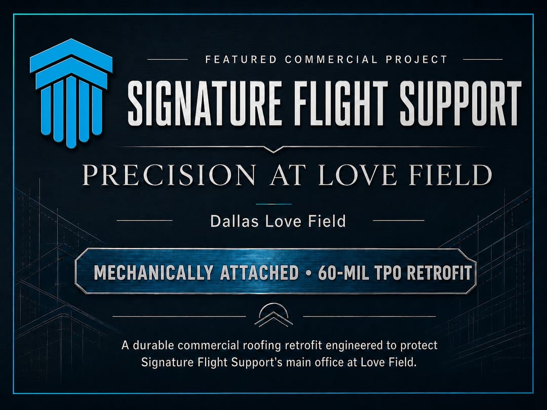 Signature Flight Support roofing retrofit project at Dallas Love Field, featuring 60-mil TPO.