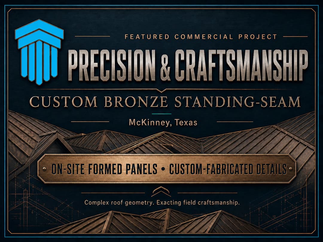 Custom bronze standing-seam roofing project in McKinney, Texas highlighting precision craftsmanship.