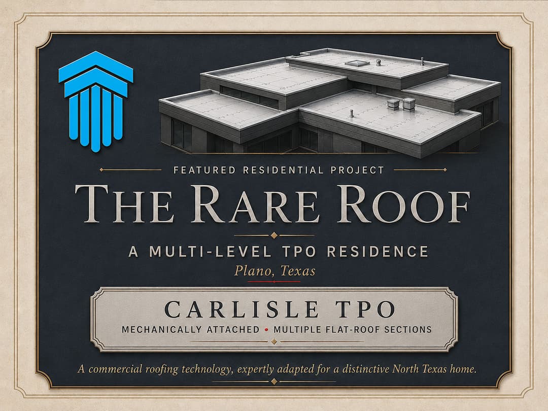 Multi-level TPO roofing on a modern residence in Plano, Texas, featuring Carlisle TPO technology.