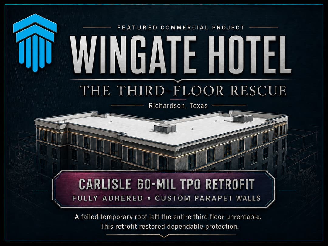 Wingate Hotel project in Richardson, Texas; Carlisle 60-mil TPO roof retrofit and custom parapet walls.