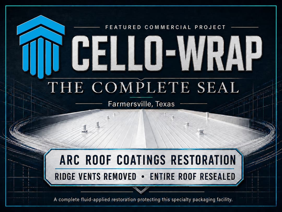 Cello-Wrap commercial project with roof restoration details in Farmersville, Texas.