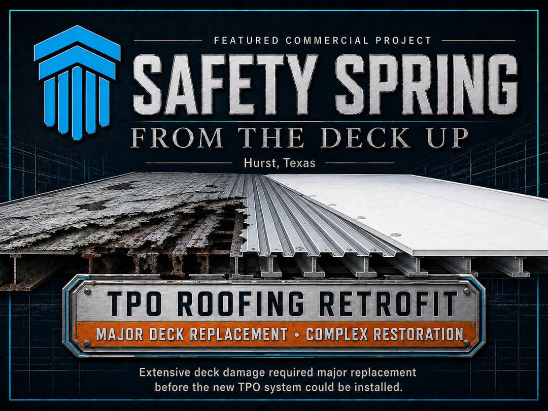 Safety Spring commercial project in Hurst, Texas, featuring TPO roofing retrofit and deck restoration.