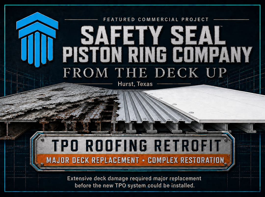 TPO roofing retrofit project by Safety Seal Piston Ring Company in Hurst, Texas. Major deck replacement.