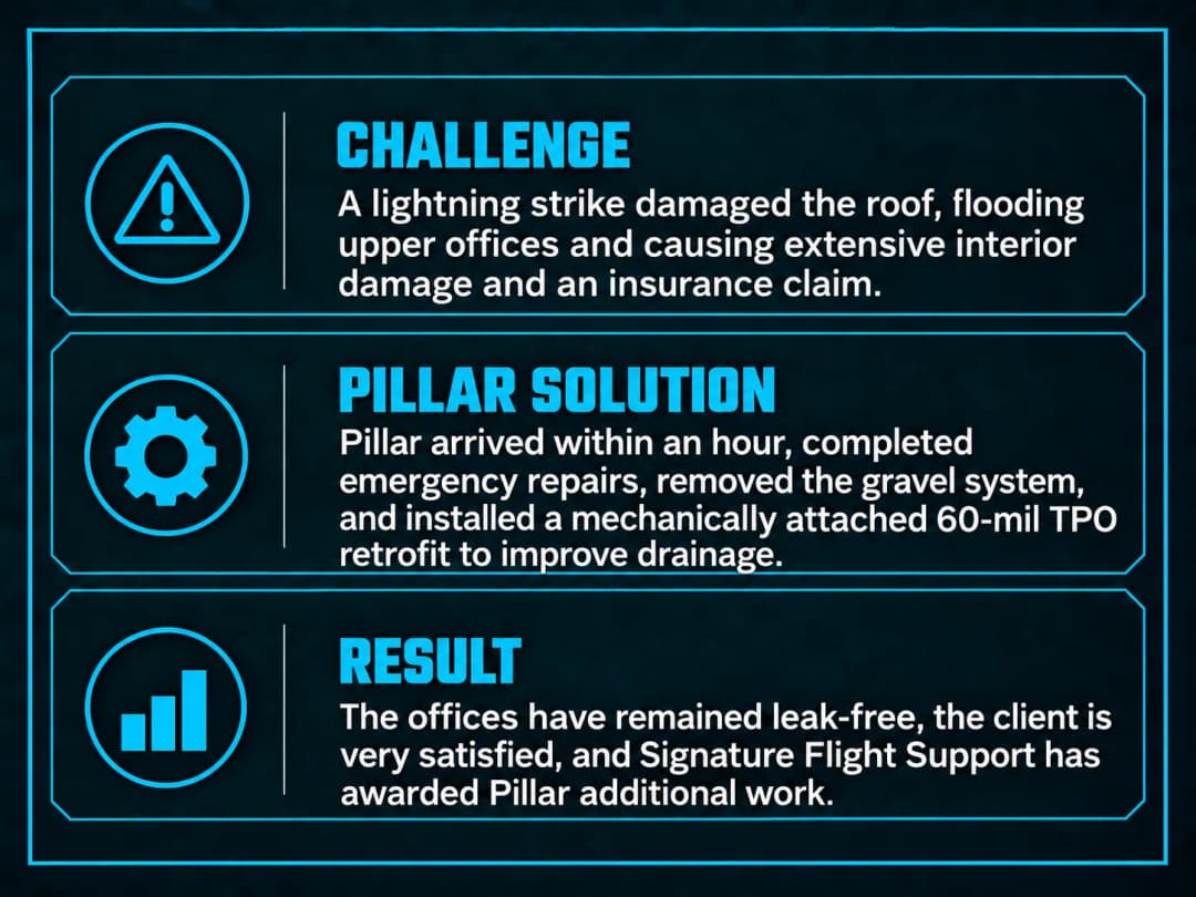 Infographic detailing challenge, solution, and results of roof repair after lightning damage.