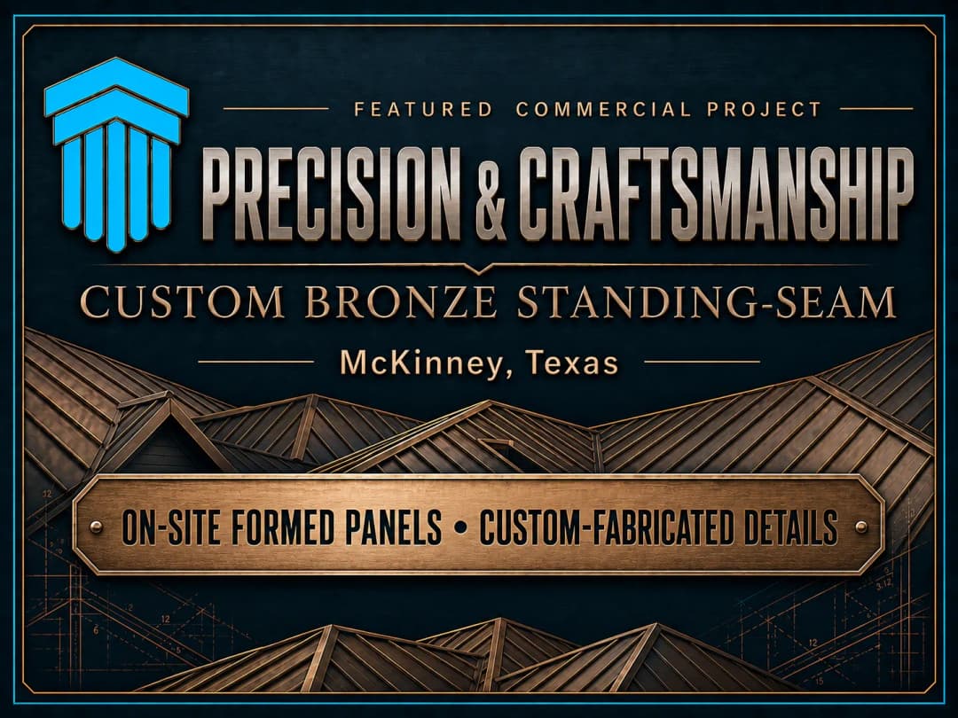 Custom bronze standing-seam roofing project in McKinney, Texas, highlighting craftsmanship details.