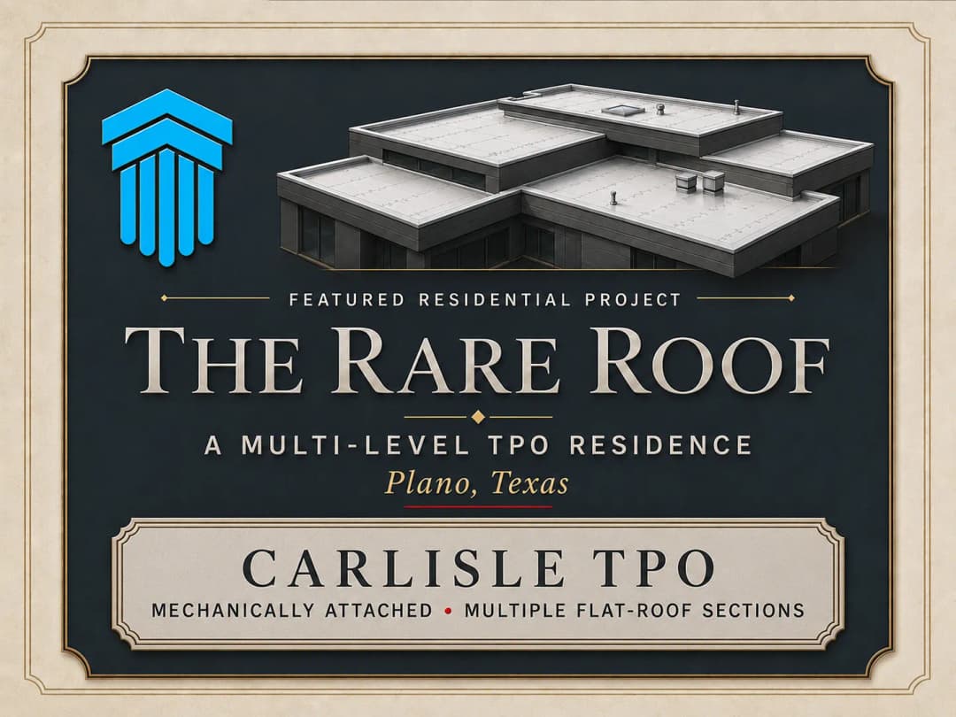 Multi-level TPO roofing project in Plano, Texas, showcasing Carlisle TPO system.