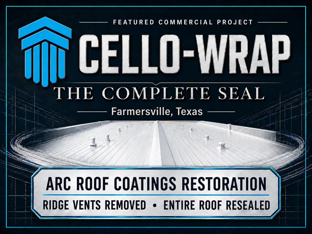 Cello-Wrap roof restoration project in Farmersville, Texas, featuring ARC roof coatings and repairs.