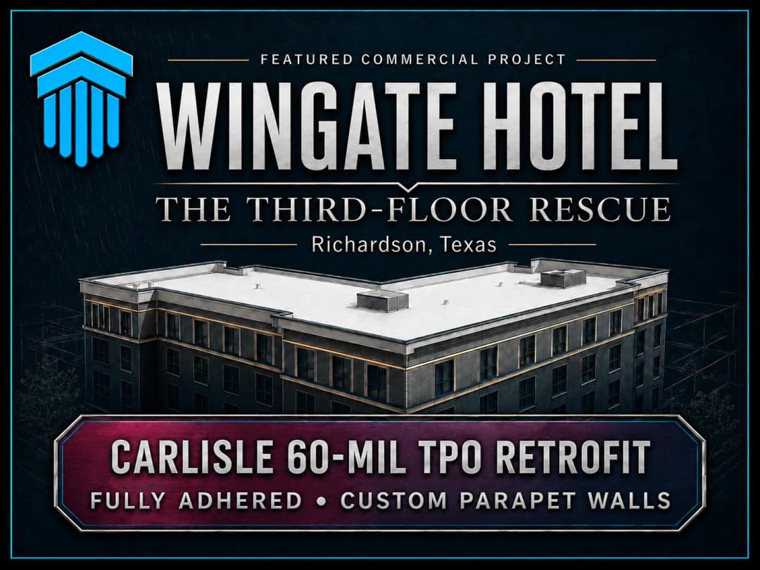 Wingate Hotel third-floor TPO retrofit project in Richardson, Texas, featuring custom parapet walls.