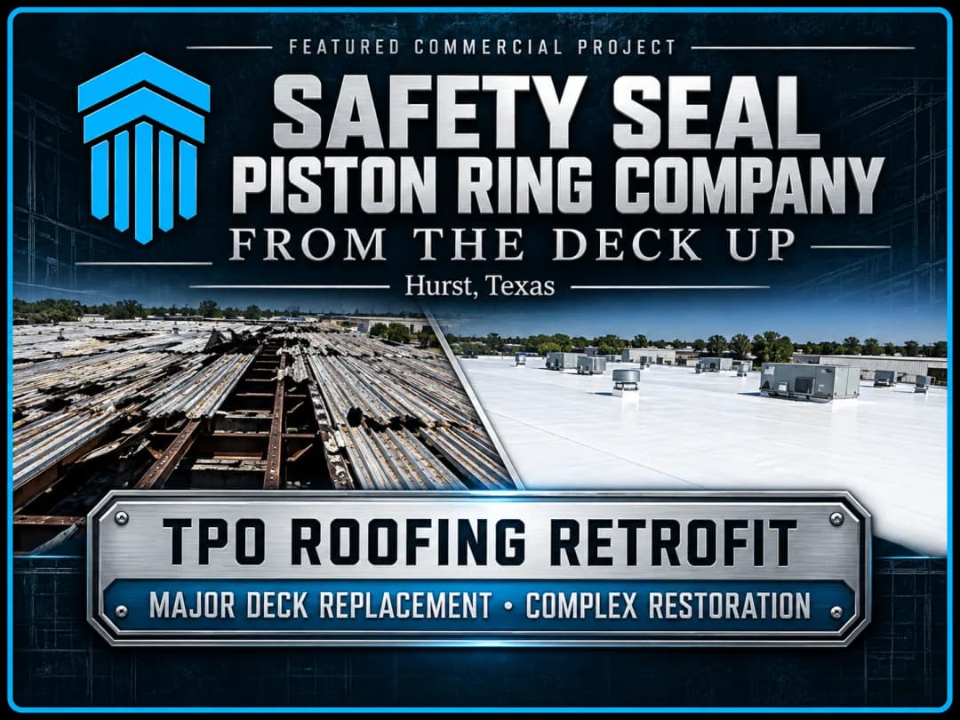 Safety Seal Company Piston Ring TPO roofing retrofit project in Hurst, Texas. Major deck replacement.