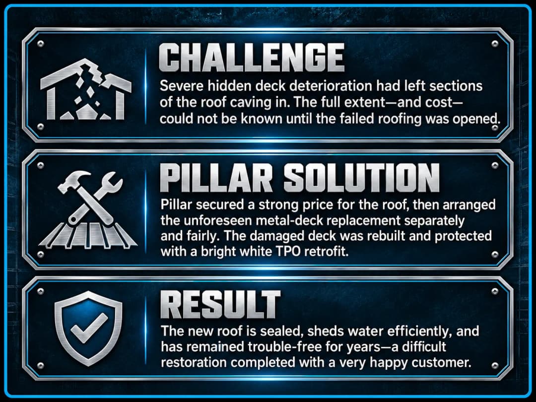 Image highlighting a roof restoration case study with challenge, solution, and result sections.