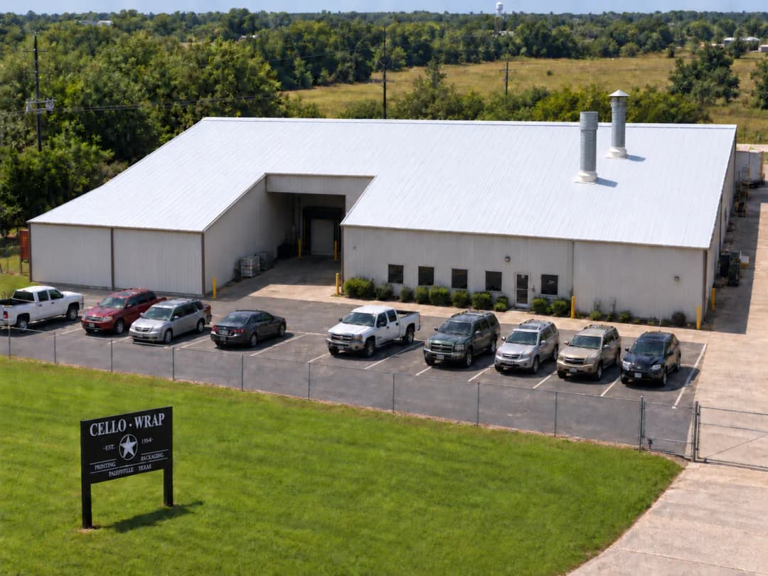 Exterior view of Cello-Wrap building with parking lot and green lawn. Industrial facility in rural area.