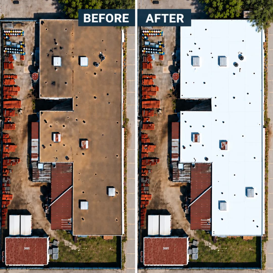Aerial view of a roof transformation showing before and after cleaning and restoration.