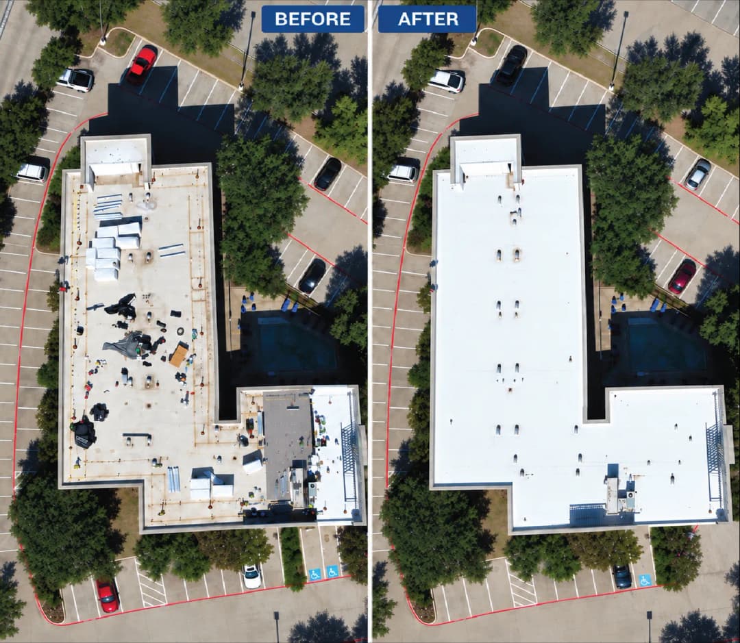 Aerial view comparison of a building's roof renovations, before and after improvements.