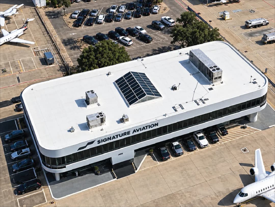 Aerial view of Signature Aviation building with nearby parked aircraft and vehicles.