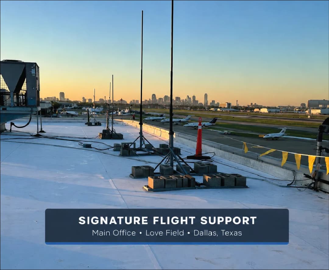 Rooftop view of Signature Flight Support at Love Field, Dallas, with aircraft on a runway.