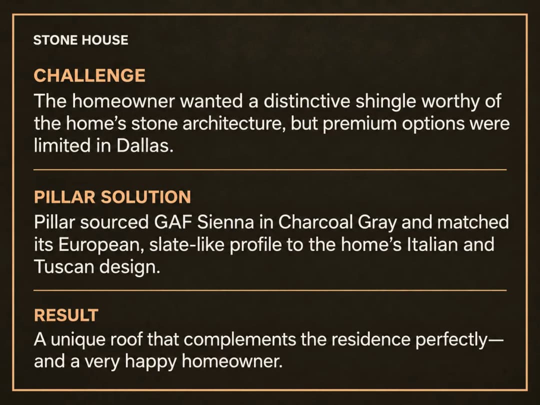 Stone house roofing project featuring GAF Sienna shingles in Charcoal Gray for elegant design.