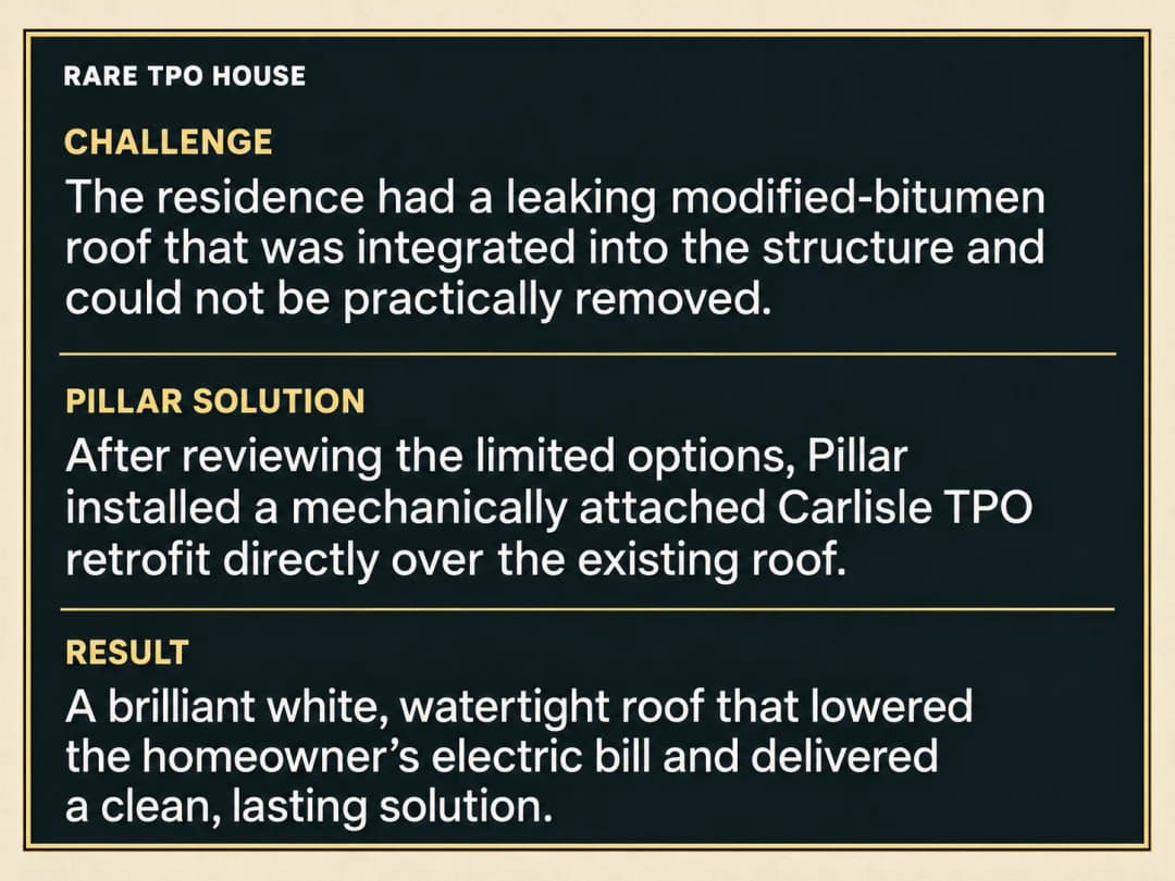 Pillar solution for leaking modified-bitumen roof using Carlisle TPO for energy efficiency.
