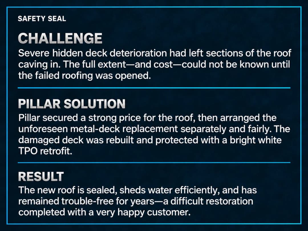 Safety seal roof restoration: secured strong price, rebuilt damaged deck, sealed for durability.