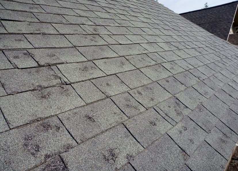Weathered asphalt shingles on a sloped roof showcasing wear and tear.