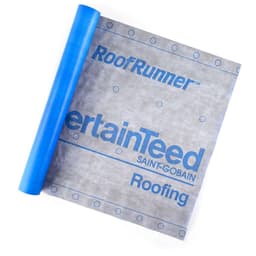 CertainTeed RoofRunner roofing underlayment roll with blue branding and gray waterproof material.